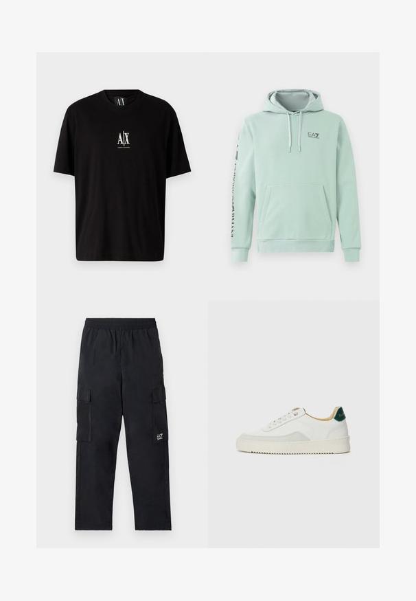 Sudadera verde menta fabricada en tejido de mezcla de algodón, con un bolsillo de canguro en el frente, capucha con cordón y texto negro del logo a lo largo de la manga.; Camiseta de algodón negra de manga corta, con cuello redondo y un pequeño logo blanco "A|X" centrado en el pecho.; Pantalones cargo negros con cintura elástica, bolsillos laterales y un pequeño logo en la pierna izquierda. Fabricados con tejido ligero y suave.; Zapatilla blanca con acentos de ante, puntera redondeada, cordones planos y suela de goma color crema. Presenta un logo verde en el talón.