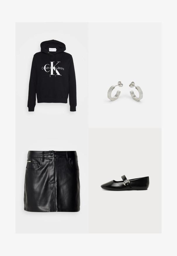 Schwarzer Kapuzenpullover mit einer Kängurutasche, Kordelzugkapuze und auffälligem weißen "CK"-Logo mit dem Text "Calvin Klein Jeans" darunter. Weiches Material.; Schwarzer Leder-Minirock mit tailliertem Design, ausgestattet mit frontalen Taschen, einem Knopfverschluss und glatter Textur.; Schwarzer Ledermary-Jane-Flachschuh mit abgerundetem Zehenbereich und silberner Schnalle auf einfachem Hintergrund.; Silberne Metall-Hoops mit strukturiertem Design, ausgestattet mit einem kleinen Steckverschluss und Branding an einem Hoop. Abgerundete Form mit glänzender Oberfläche.