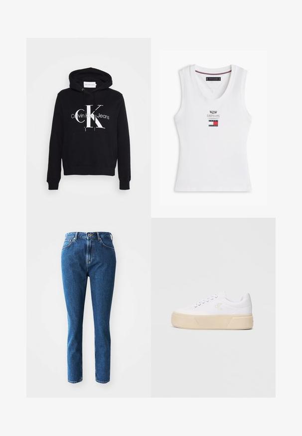 Sort hoodie med kengurulomme, snor i hætten og fed hvid "CK" logo med teksten "Calvin Klein Jeans" nedenunder. Blødt materiale.; Hvid ærmeløs top med V-hals og Cadillac Formula 1 Team-logo samt rød, hvid og blå Tommy Hilfiger-flag på brystet.; Blå denimjeans med lige ben, høj talje og diskret kontrastsyning. Stoffet har en glat overflade.; Hvide kanvas sneakers med en kraftig beige platformsål, der har et diskret broderet logo på siden og klassisk snørebåndsdesign.