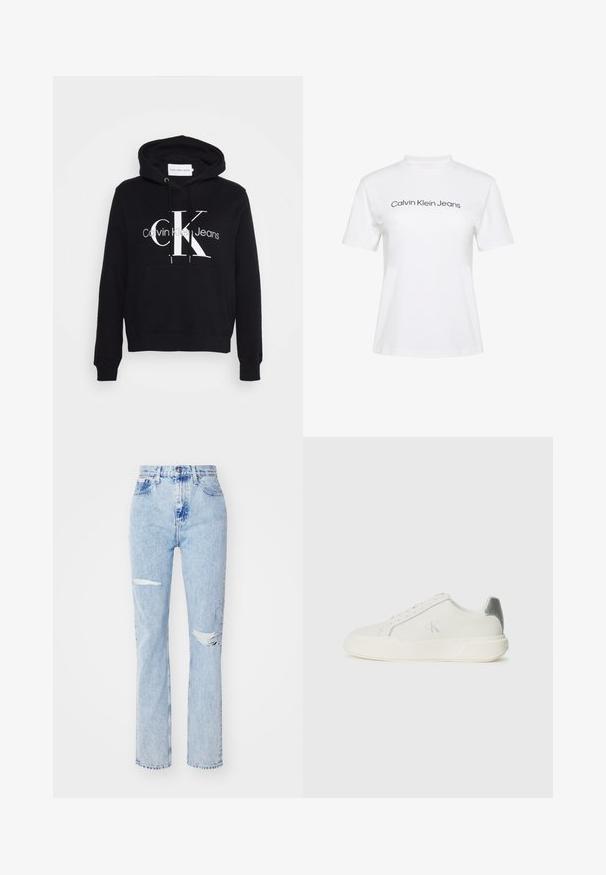 Čierna mikina s kapucňou, ktorá má klokanie vrecko, sťahovaciu kapucňu a výrazné biele logo "CK" s textom "Calvin Klein Jeans" pod ním. Mäkký materiál.; Biele bavlnené tričko s okrúhlym výstrihom a krátkymi rukávmi, na prednej strane čierny nápis "Calvin Klein Jeans".; Svetlomodré vysoké džíny vyrobené z denimu, s dvoma roztrhnutiami na kolenách, rovnými nohavicami a viditeľným stehom na páse a na lemoch.; Biele tenisky vyrobené z kože s hladkou textúrou, s strieborným akcentom na päte, plochou podrážkou a minimalisticým dizajnom.