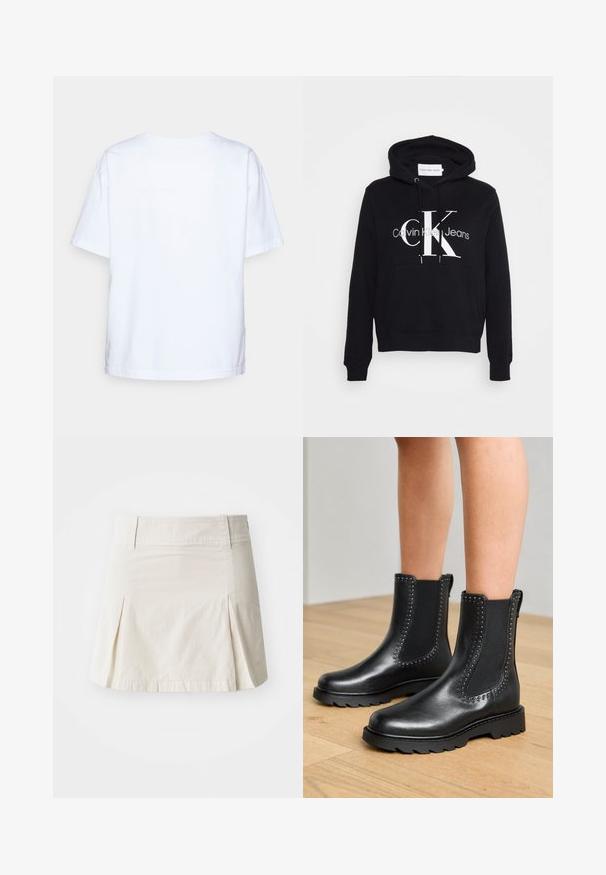 Sudadera negra con bolsillo canguro, capucha con cordón y audaz logotipo en blanco "CK" con el texto "Calvin Klein Jeans" debajo. Material suave.; Camiseta de algodón blanca de manga corta vista desde atrás sobre un fondo gris claro.; Falda de algodón beige claro con cintura ajustada, diseño plisado y dobladillo recto, que presenta una textura suave y sin elementos metálicos visibles.; Botas de tobillo de cuero negro con paneles laterales elásticos y acentos con tachuelas, que presentan una suela gruesa y un acabado texturizado.
