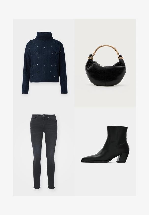 Navy coltrui met kabelpatroon en verspreide decoratieve studs. Voorzien van lange mouwen en een relaxte pasvorm.; Zwarte denim skinny jeans met een middelhoge taille, vijf zakken en een franjerand. De stof heeft een gladde textuur met een lichte rek.; Zwarte leren enkelboot met een spitse neus, een slanke silhoeet en een chunky vierkante hak. Gladde textuur met minimale stikdetails.; Zwarte halvemaanvormige handtas met een gestructureerd oppervlak en een goudkleurige stijve handgreep met spiraalvormige versieringen.