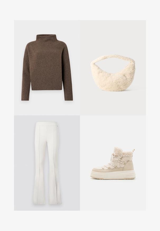 Brun, cropped sweater med en høj, fold-over hals, lange ærmer og et blødt, tekstureret stof. Minimalistisk design uden synlig hardware.; Hvide bukser med høj talje og brede ben, med lodrette syninger ned foran, vist mod en ensartet lys grå baggrund.; Beige vinterstøvler med en blød tekstur, snørremønster, guldfarvede detaljer og en tyk sål for ekstra højde og isolering.; Cremefarvet taske med en blød, fluffy tekstur. Buet form og en bred rem til at bære. Simpelt design, ingen synlige hardware eller accenter.