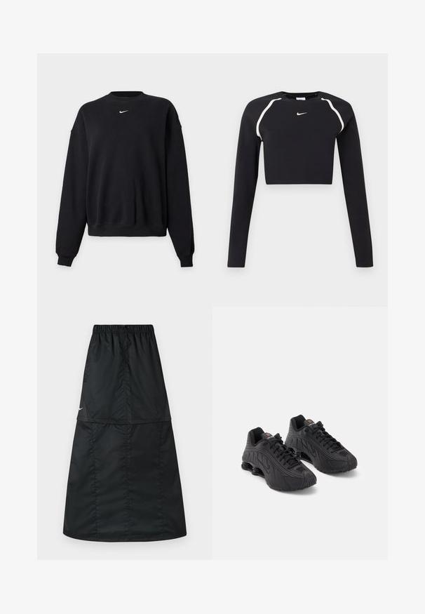 Sudadera negra de manga larga con cuello redondo y pequeño logo blanco de Nike swoosh centrado cerca del escote, mostrada sobre fondo gris liso.; Top deportivo negro de manga larga y corto con franjas curvas blancas en los hombros y pequeño logotipo de Nike en blanco en el centro del pecho.; Falda deportiva negra hecha de tela de nylon ligera y suave. Presenta una cintura elástica y un diseño simple, largo y en línea A.; Zapatillas deportivas negras con una parte superior sintética lisa, acentos texturizados, diseño de cordones y amortiguación de resorte visible en el talón.
