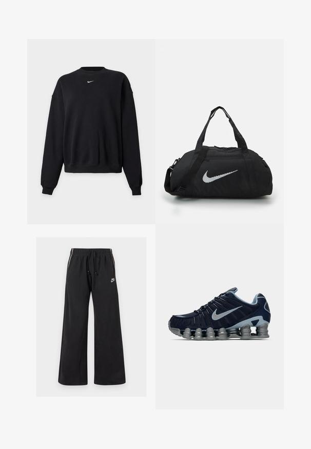 Sort langærmet crewneck-sweatshirt med lille hvid Nike swoosh-logo centreret nær halsudskæringen, vist på ensfarvet grå baggrund.; Sorte sweatpants lavet af blødt stof, med en elastisk talje og snøre, sidestriber og et lille logo på venstre front.; Mørkeblå og sølv atletiske sko med segmenteret polstret sål og sølv Nike swoosh på siden, vist i højre profil på hvid baggrund.; Sort duffel taske med en glat stoffer finish. Har et fremtrædende refleksiv Nike-logo og korte håndtag, samt en justerbar skulderrem.
