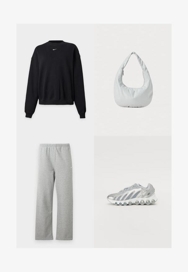 Schwarzes Sweatshirt mit langen Ärmeln und Rundhalsausschnitt, mit kleinem weißen Nike-Swoosh-Logo, das nahe am Hals mittig platziert ist, dargestellt auf schlichtem grauem Hintergrund.; Hellgraue Jogginghose mit elastischem Bund und kleinem weißen Nike-Logo am oberen Oberschenkel, auf weißem Hintergrund flach liegend dargestellt.; Silberne und graue Sportschuhe mit einem Obermaterial aus Mesh, geschwungenem Design und einzigartiger runder Sohle, die transparente Dämpfungselemente aufweist.; Weiche, hellgraue Hobo-Tasche aus synthetischem Material. Verfügt über einen gepolsterten Tragegriff und ein seitliches Reißverschlussfach.