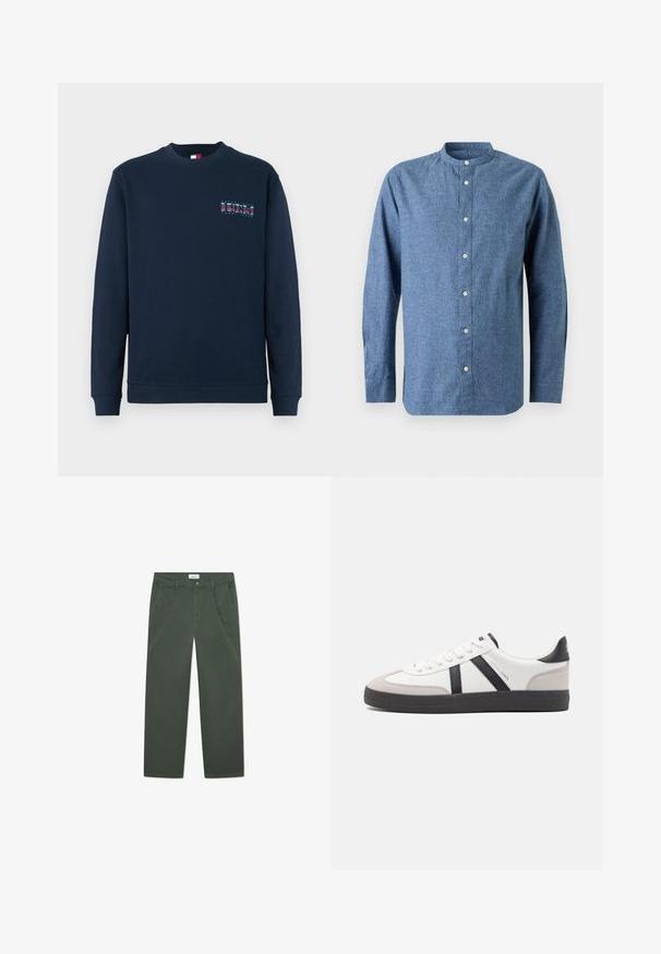 Marineblaue Rundhals-Sweatshirt mit langen Ärmeln, gerippten Bündchen und Saum, mit kleinem "1985 Tommy Jeans"-Logo auf der linken Brust.; Blaues langärmliges Hemd mit Stehkragen und weißen Knöpfen, vor hellem Hintergrund präsentiert.; Dunkelgrüne Baumwollhosen mit geradem Beinschnitt, Fronttaschen und einem Knopfverschluss an der Taille. Glatte Oberfläche, keine Muster.; Weiße Sneaker mit schwarz- und grau-aczenten, ausgestattet mit einer strukturierten grauen Zehenkappe, schwarzer Gummi-Sohle und flachen weißen Schnürsenkeln. Sauberes Design, minimalistische Stil.