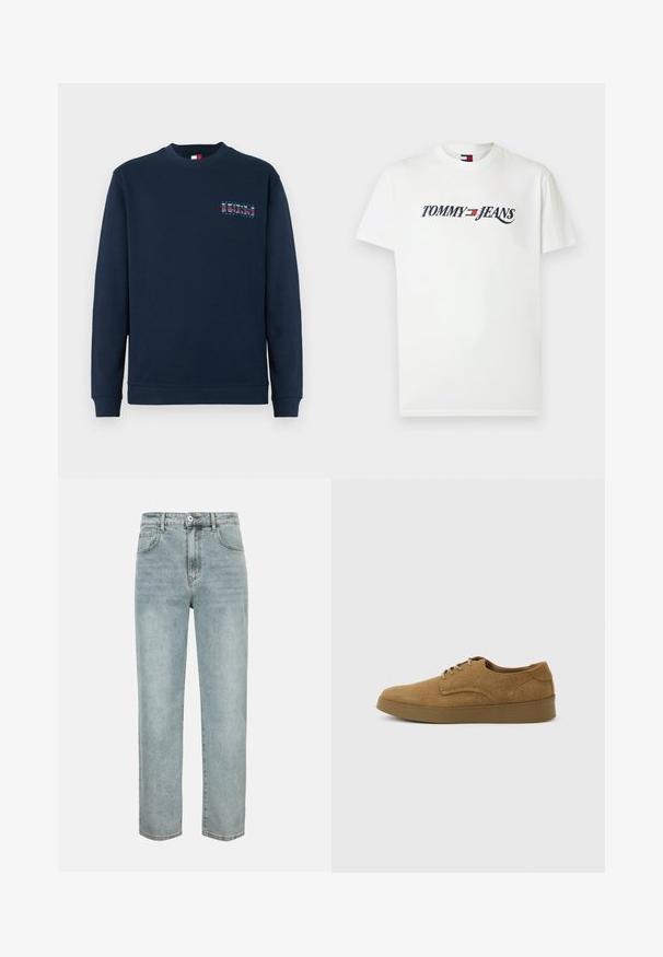Sweatshirt col rond bleu marine à manches longues, avec des poignets et un ourlet côtelés, arborant un petit logo "1985 Tommy Jeans" sur la poitrine gauche.; T-shirt blanc à manches courtes avec l'inscription noire "TOMMY JEANS" et un logo de drapeau rouge, blanc et bleu centré sur la poitrine.; Jean bleu clair taille haute à jambes droites avec bouton et fermeture éclair à l'avant, passants pour ceinture, poches avant et arrière sur fond blanc.; Chaussure décontractée à lacets en daim marron avec semelle en caoutchouc plate, vue de côté sur un fond clair uni.