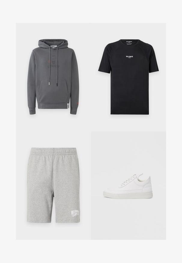 Grau-hoodie mit einer Kängurutasche, versehen mit einer Grafik eines extrovertierten Charakters und dem Wort "EXTROVERT" darunter gedruckt.; Schwarzes T-Shirt mit kurzen Ärmeln aus glattem Stoff, ausgestattet mit einem Rundhalsausschnitt und einem weißen "SILENCE"-Logo auf der Brust.; Graue Baumwollshorts mit einem elastischen Bund und einem weißen Logo auf der unteren rechten Seite. Weicher Stoff, knielanger Schnitt.; Weißer Ledersneaker mit abgerundetem Zehenbereich, flacher Sohle und Schnürverschluss. Verfügt über Nahtdetails und einen gepolsterten Kragen für zusätzlichen Komfort.