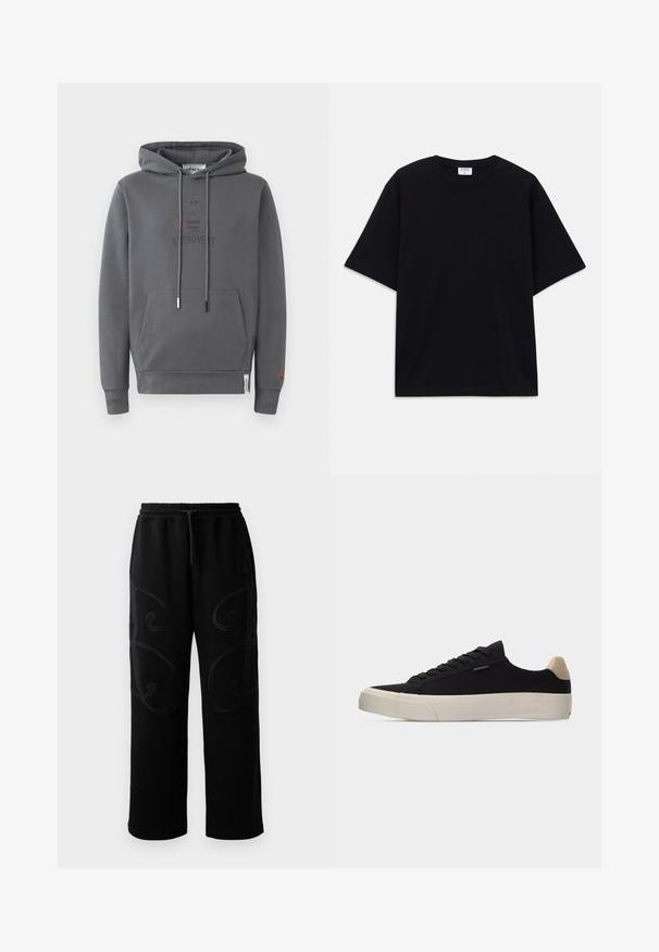 Grå hættebluse med en lomme foran, prydet med et grafik af en udadvendt karakter og ordet "EXTROVERT" trykt nedenunder.; Sort oversized T-shirt med korte ærmer og rund halsudskæring, med synlig Filippa K mærke indeni kraven.; Sorte joggingbukser med en afslappet pasform, der har intrikate spiralmønstre i syningerne langs siderne samt en elastisk talje med snoretræk.; Sort lavsko med beige hælkappe, tyk hvid gummisål, sorte snørebånd og lille "PS Paul Smith" mærke på siden.