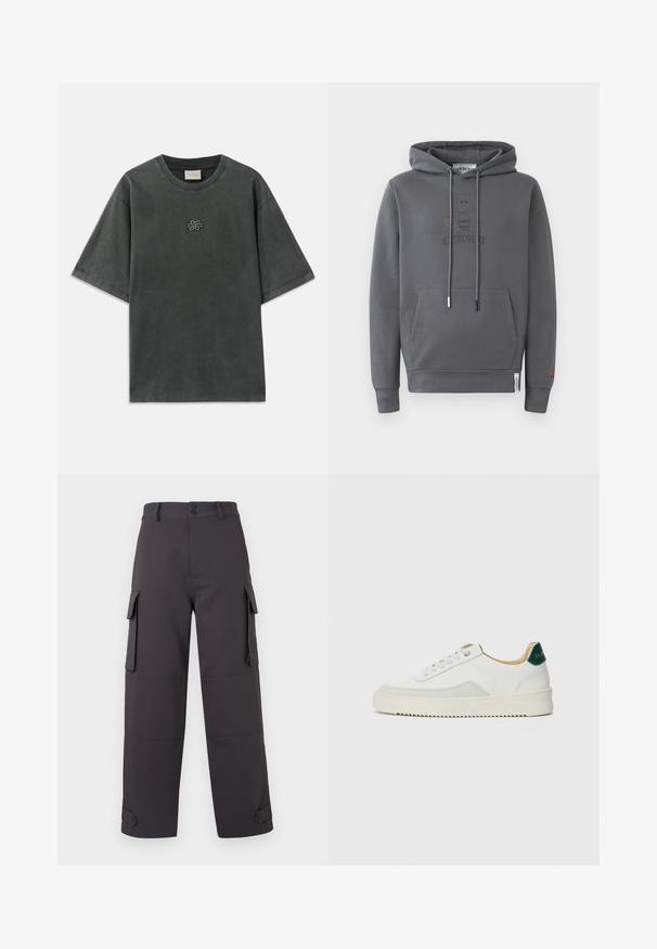 Grå hættebluse med en lomme foran, prydet med et grafik af en udadvendt karakter og ordet "EXTROVERT" trykt nedenunder.; Mørkegrå oversized T-shirt med korte ærmer, rund halsudskæring og lille broderet knudedesign centreret på brystet.; Cargo bukser i mørkegrå, lavet af glat stof, med to sidelommer og knaplukninger. Løs pasform med opkrøllede kanter.; Hvide sneakers med ruskindsdetaljer, rund tå, flade snørebånd og en cremet gummisål. Har grøn branding på hælen.