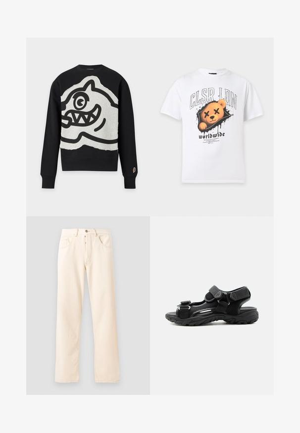 Schwarzer Sweatshirt mit langen Ärmeln und großem grauem Patch mit auffälligem schwarzem Cartoon-Gesicht mit einem Auge und scharfen Zähnen auf der Vorderseite.; Weißes T-Shirt mit Grafik eines lächelnden Teddybären mit durchgestrichenen Augen in einem aufgezippte schwarzen Splash-Design und Text "CLSR LDN worldwide."; Helle beige Denim-Jeans mit geradem Bein, fünf Taschen und einer Knopfverschluss vorne. Nähte sichtbar entlang der Nähte.; Schwarze sportliche Sandale mit verstellbaren Klettverschlüssen, atmungsaktivem Mesh-Obermaterial und dicker robuster Sohle für den Außenbereich.