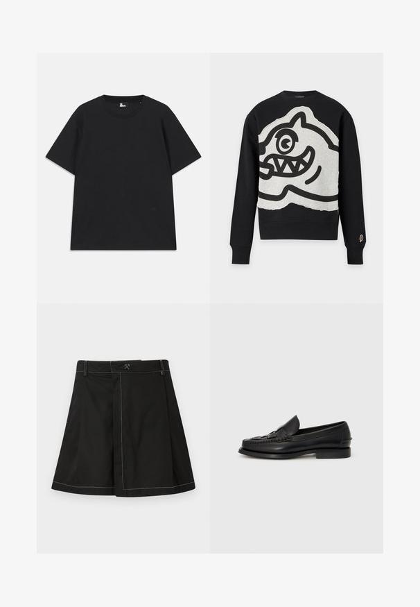 Schwarzer Sweatshirt mit langen Ärmeln und großem grauem Patch mit auffälligem schwarzem Cartoon-Gesicht mit einem Auge und scharfen Zähnen auf der Vorderseite.; Schwarzes Kurzarm-T-Shirt aus Baumwolle mit rundem Halsausschnitt und einem kleinen Logo-Detail am Saum. Glatte Textur, reguläre Passform.; Schwarzer A-Linien-Rock mit weißen Kontrastnähten, Gürtelschlaufen und einem kleinen gekreuzten Hammer-Logo in der vorderen Mitte des Taillenbands.; Schwarze Lederloafer mit einem geflochtenen Detail auf der Vorderseite, runder Zehenpartie und niedrigem Absatz. Glatte Textur und minimalistisches Design.