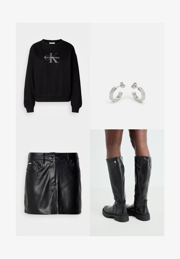 Zwarte sweatshirt van katoen, met een ronde hals en een loose fit. Heeft een groot grijs logo met "Calvin Klein" en "CK" op de voorkant.; Zwarte leren mini-rok met een op maat gemaakt ontwerp, voorzien van zijzakken, een knoopsluiting en een gladde textuur.; Zwarte leren kniehoge laarzen met een gladde textuur, ronde neus, stevige zool en ritssluiting. Voorzien van een zilveren logo aan de zijkant.; Zilveren metalen hoepel oorbellen met een gestructureerd ontwerp, voorzien van een kleine post achter en branding op een van de hoepels. Ronde vorm met een gepolijste afwerking.