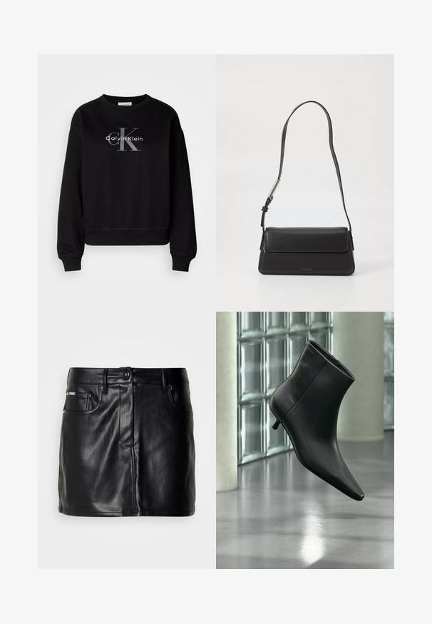 Sudadera negra de algodón, con cuello redondo y corte holgado. Presenta un gran logo gris con "Calvin Klein" y "CK" en la parte delantera.; Falda mini de cuero negro con un diseño a medida, que presenta bolsillos delanteros, un cierre de botón y una textura suave.; Botín negro de cuero con punta puntiaguda y tacón bajo estilo kitten, mostrado en ángulo sobre un suelo pulido y con una pared de bloques de vidrio de fondo.; Bolso de mano de cuero negro con forma rectangular y solapa plegable. Presenta una correa delgada y una marca mínima en la parte delantera.