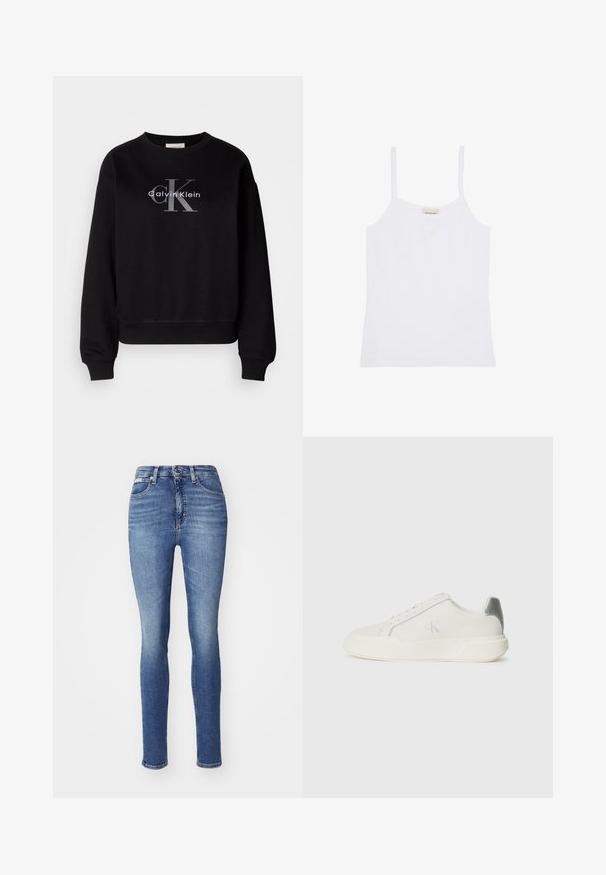 Čierna mikina vyrobená z bavlny, s oválnym výstrihom a voľným strihom. Na prednej strane je veľké sivé logo s nápisom "Calvin Klein" a "CK".; Biele dámske tielko Calvin Klein s tenkými ramienkami a jednoduchým, priliehavým dizajnom.; Slim rifle v stredne modrom denime, s vysokým pásom, piatimi vreckami a jemným vyblednutím. Šité lemovanie s bežným zapínaním na gombík a zips.; Biele tenisky vyrobené z kože s hladkou textúrou, s strieborným akcentom na päte, plochou podrážkou a minimalisticým dizajnom.