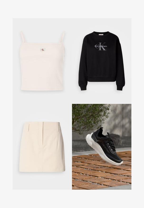 Sort sweatshirt lavet af bomuld, med rund hals og løs pasform. Viser et stort gråt logo med "Calvin Klein" og "CK" på forsiden.; Lyserød ribbet top med tynde stropper, der har en firkantet udskæring og et lille, mærket logo på forsiden.; Calvin Klein Jeans SKIRT - A-snit nederdel - fog; Sort Calvin Klein-sneaker med hvid sål flydende over en træ- og stenfliset overflade udendørs nær buske og en stenmur.