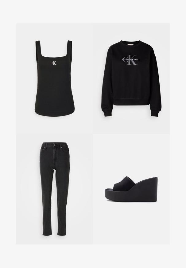 Sort sweatshirt lavet af bomuld, med rund hals og løs pasform. Viser et stort gråt logo med "Calvin Klein" og "CK" på forsiden.; Sort ærmeløs ribbet tanktop med firkantet halsudskæring og lille hvidt CK-logo midt på brystet.; Sorte højttaljede denimjeans med smal pasform, der har knaplukning, bæltestropper og kontrastsyninger. Glat tekstur uden synlige mønstre.; Sort platforms kile slide-sandal med lukket tå og stoffoverdel samt høj, solid sål mod en ensfarvet lys baggrund.
