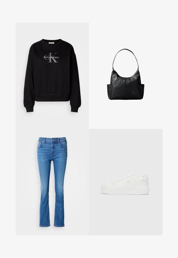 Čierna mikina vyrobená z bavlny, s oválnym výstrihom a voľným strihom. Na prednej strane je veľké sivé logo s nápisom "Calvin Klein" a "CK".; Modré denimové rozšírené džínsy s stredne vysokým pásom, s klasickým päť-pocket dizajnom a jemne vyblednutou textúrou na kolenách.; Biele platformové tenisky s hladkým koženým zvrškom, zaoblenou špičkou, bielymi šnúrkami a jemným detailom loga na boku. Plochá gumová podrážka.; Čierna kožená taška cez rameno s jedným remienkom, bočnými vreckami a jemným vystupujúcim logom Calvin Klein vpredu v pravom dolnom rohu.