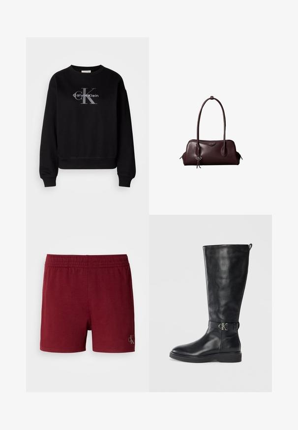 Zwarte sweatshirt van katoen, met een ronde hals en een loose fit. Heeft een groot grijs logo met "Calvin Klein" en "CK" op de voorkant.; Bordeaux sportshorts van een zachte katoenmix, met een elastische tailleband en een klein logoaccent op de onderzoom.; Zwarte leren kniehoog laars met lage hak, ronde neus en een metalen "CK" logo gesp rond de enkel.; Donkerbruine leren Calvin Klein handtas met lange dubbele handvatten en een kleine logo-sierhanger die aan één handvat hangt.