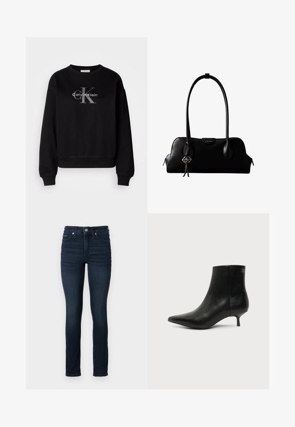 Čierna mikina vyrobená z bavlny, s oválnym výstrihom a voľným strihom. Na prednej strane je veľké sivé logo s nápisom "Calvin Klein" a "CK".; Tmavomodré nohavice s vysokým pásom vyrobené z denimu, sú slim fit a majú jemné popraskanie. Jednoduché kovové gombíky a zips na uzatváranie v páse.; Čierna kožená členková šnúrovacia obuv s ostrou špičkou a nízkym kitten podpätkom na svetlom pozadí, pohľad z vonkajšej strany.; Čierna kožená kabelka Calvin Klein s dlhými rúčkami, prednou značkou s logom a strieborným geometrickým príveskom visiaci na jednej rúčke.