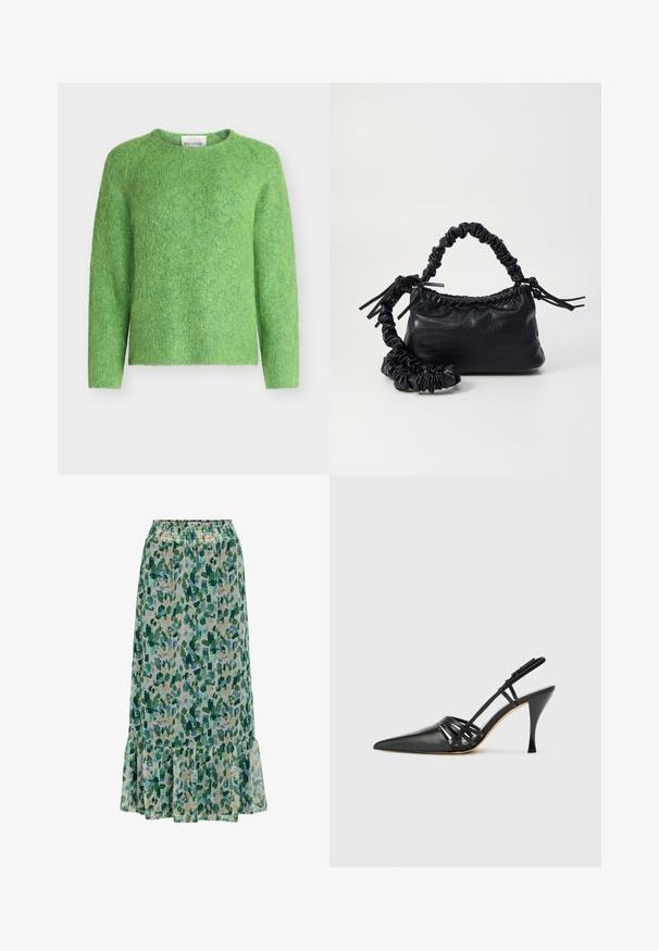 Suéter de punto borroso color verde claro con mangas largas y cuello redondo, presentado sobre un fondo blanco.; Falda de longitud media con cintura elástica fruncida, estampado floral abstracto en verde y azul, y detalle de volante en el bajo.; Zapato de tacón alto de charol negro con punta afilada, diseño de tiras entrecruzadas y tacón de aguja delgado. Textura suave y acentos mínimos.; Bolso de mano de imitación cuero negro con textura de cocodrilo, parte superior fruncida y correa arrugada. Presenta un diseño suave y compacto.