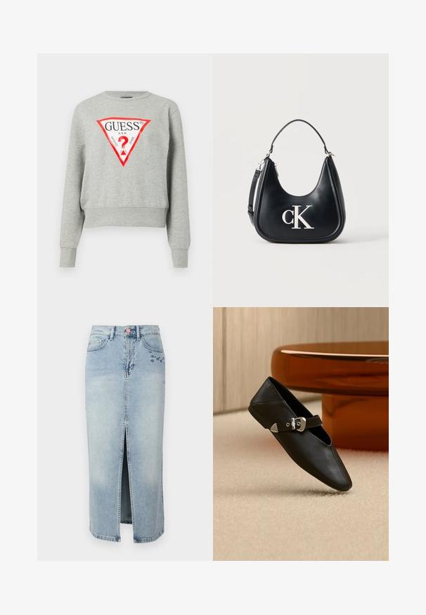 Hallgrey sweatshirt punane kolmnurkne logo, kus on kiri "GUESS U.S.A.", pikkade varrukatega, ribbed cuffs ja ääred, valmistatud pehmest kangast.; Fabienne Chapot CARLYNE SKIRT - Teksaseelik - light blue tinted; Mustast nahast madala kontsaga jalanõu, millel on terav nina ja hõbedane pandlaga rihm, asetatud beežile vaibale ümmarguse merevaigukollase laua ette.; Mustast nahast õlakott hõbedase "cK" logoga, kumer siluett, lühike käepide ja eemaldatav pikem rihm ühtlasel taustal.