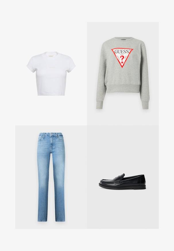 Grauer Sweatshirt mit rotem dreieckigem Logo, das den Text "GUESS U.S.A." zeigt, langen Ärmeln, gerippten Bündchen und Saum, aus weichem Material hergestellt.; Weißes, kurzärmeliges, kurzgeschnittenes T-Shirt mit gerippter Struktur. Es verfügt über einen Rundhalsausschnitt und ein dezentes "Calvin Klein"-Logo in heller Farbe auf der Vorderseite.; Hellblaue gerade geschnittene Jeans aus Denim, mit einem klassischen Fünf-Taschen-Design und einem gestickten Bund mit vorderem Knopfverschluss.; Schwarze Lederloafers mit einem gestickten Akzentdesign, runder Zehenform, flacher Gummisohle und einer glatten Oberfläche. Klassische, vielseitige Silhouette.