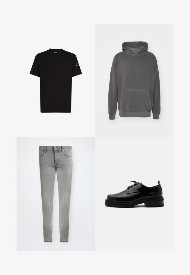 Abercrombie & Fitch Essential Popover Hoodie - Huppari - quiet shade; Musta puuvillainen T-paita lyhyillä hihoilla, pyöreällä kaula-aukolla ja pienellä tarralla vasemmassa hihassa. Sileä pinta, normaali istuvuus.; Slim fit -harmaat farkut, joissa napillinen sulku, vyölenkit ja viiden taskun malli, esitettynä tasaisesti valkoista taustaa vasten.; Musta kiillotettua nahkaa oleva nauhallinen kenkä, jossa paksu kumipohja ja matala korko, sivulla bränditeksti "SAMSOE" ja takana vetolenkki.