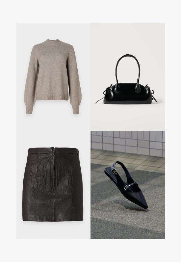 Beige striktrøje med ribbet høj hals, lange puffærmer samt ribbede manchetter og kant på en hvid baggrund.; Sort læder mini-skirt med lynlås foran og subtile lodrette sømdetaljer på en ensfarvet baggrund.; Sort flad slingback med spids tå og dobbelte spænder, hvilende på grå asfalt nær flisevæg.; Lille sort blank håndtaske med to lange håndtag og snøre-detaljer i siden på en ensfarvet lys baggrund.