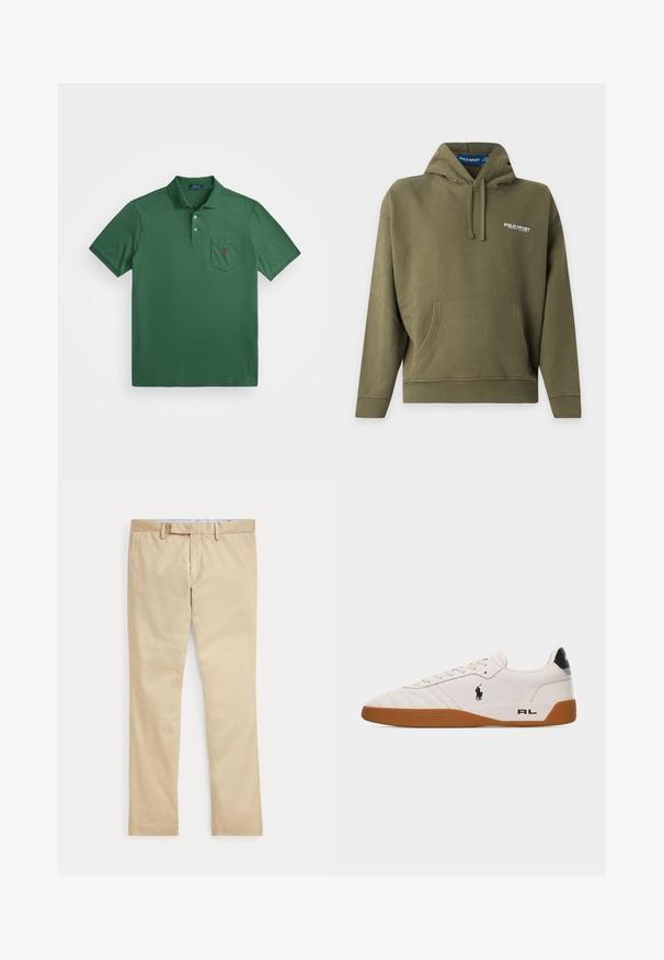 Olivovo zelená mikina s kapucňou, predným vreckom a bielym logom "Polo Sport Ralph Lauren" na hrudi.; Zelená polo košeľa vyrobená z bavlneného zmesi, s golierom, trojbuttonovou légou a náprsného vrecka s malým červeným logom.; Béžové nohavice s rovnými nohavicami, s pútkami na opasok a predným zipsom, položené na bielom pozadí.; Biela nízka teniska s hnedou gumovou podrážkou, čiernym logom Polo Ralph Lauren na boku a textom „RL" na päte.