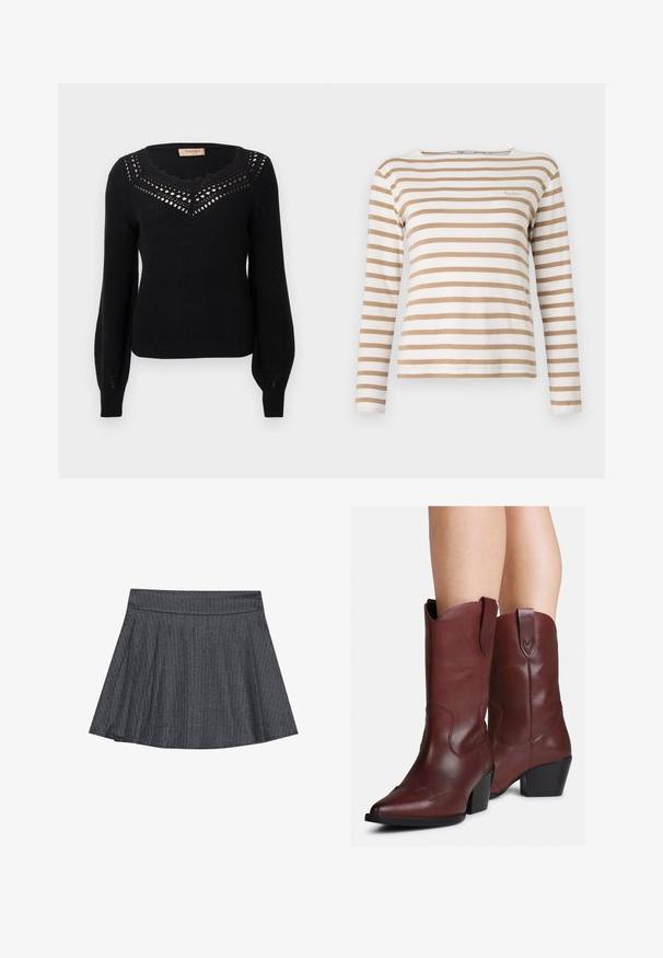 Schwarzer Pullover mit gerippter Struktur, gewelltem Ausschnitt und Lochmuster am Brustbereich. Lange Ärmel und taillierte Passform.; Pepe Jeans BETTY - Langarmshirt - oyster white; Grau gestreifter Skaterrock mit einem taillierten Bund, ausgestellter A-Linie und weichem Stoffmaterial. Vertikale Linien erhöhen das visuelle Interesse.; Beine, die mittelhohe, dunkelbraune Lederstiefel im Western-Stil mit spitzen Zehen und Blockabsätzen tragen, vor einem weißen Hintergrund.