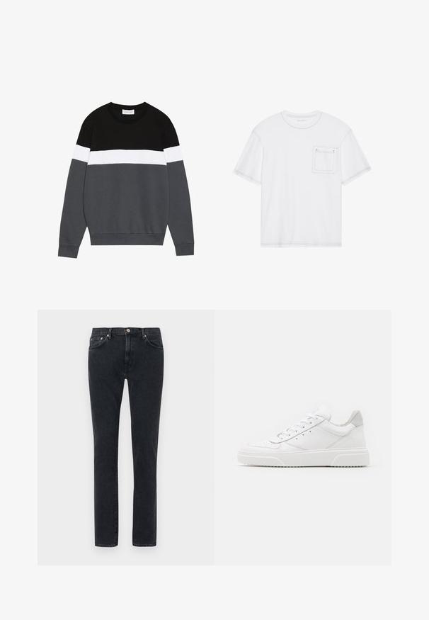 Pier One Sweatshirt - forged iron/white/black; T-shirt en coton blanc à manches courtes, col rond et poche poitrine. Présente des coutures contrastantes le long des bords.; Jeans en denim noir avec un design à jambe droite, dotés d'une fermeture à bouton, de passants de ceinture et d'un léger délavage sur le tissu.; Des baskets en cuir blanc avec une finition lisse, un bout rond, des lacets plats et une semelle texturée. Accents en daim gris au niveau du talon.