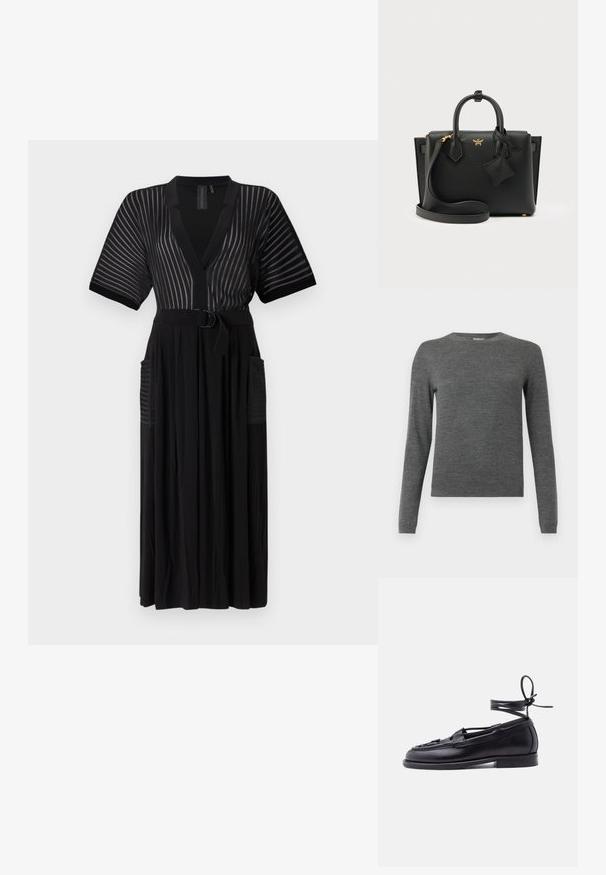 Grå langærmet sweater med rund hals, lavet af blødt stof. Har en klassisk pasform og subtil tekstur gennem hele, uden mønstre eller accenter.; Sort maxi kjole med korte ærmer, lodrette striber, v-hals, bælte i taljen og sidelommer. Fremstillet af et let stoff.; Sort læderloafer med flad sål og snøre, der vikles omkring anklen og er bundet i sløjfe, vist mod en ensfarvet lys baggrund.; Sort læderhåndtaske med tekstureret overflade, dobbelte tophåndtag, aftagelig skulderrem og guldfarvet metalhardware. Pyntet med et mærketag.