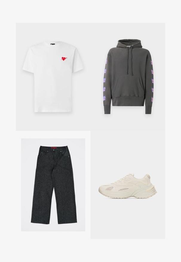 Sudadera con capucha de color gris oscuro que presenta mangas largas, un bolsillo frontal, capucha con cordón y patrones gráficos coloridos en las mangas. Material de algodón suave.; Camiseta de algodón blanca con cuello redondo y mangas cortas, que presenta un pequeño corazón rojo con un gráfico de una flecha en el lado izquierdo del pecho.; Pantalones vaqueros de pierna ancha en gris oscuro con cinco bolsillos y una etiqueta de marca roja en el interior de la cintura.; Zapatilla deportiva color crema con paneles superpuestos de cuero y malla, suela gruesa con dibujo antideslizante y cierre de cordones.