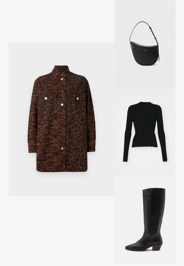 Schwarzer gerippter Pullover mit langen Ärmeln, hohem Kragen und taillierter Silhouette. Das Material scheint dehnbar und hat vertikale Streifen. Kürzere Schnittführung am Saum.; Langärmliges Hemd mit Knopfleiste, gemustert mit braunem Camouflage- und Leopardenmuster, mit vorderen Klappentaschen und goldfarbenen Knöpfen.; Schwarzer Lederstiefel bis zur Wade mit spitzer Spitze und niedrigem schrägem Absatz vor einfachem hellem Hintergrund.; Schwarze halbmondförmige Lederschultertasche mit verstellbarem Schulterriemen und goldenem "BOSS"-Logo mittig vorne.