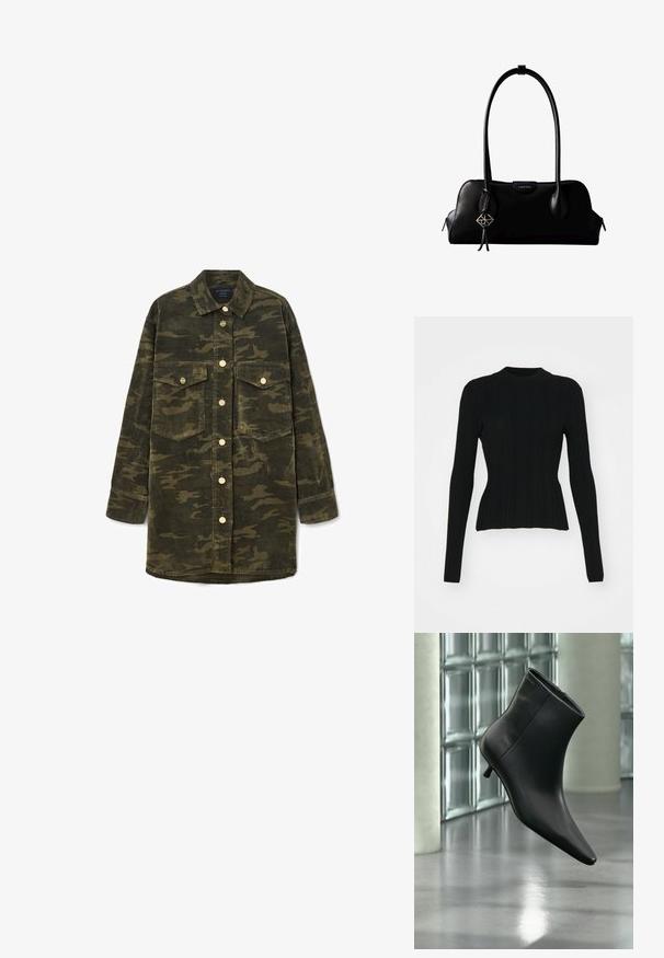 Sort ribbet langærmet sweater med høj hals og tætsiddende silhuet. Materialet ser strækbart ud med lodrette linjer. Kortere snit ved kanten.; Langærmet grøn og brun camo kordfløjl skjortejakke med krave, knaplukning foran og to brystlommer med klap.; Sort læderankelstøvle med spids tå og lav kitten-hæ, vist vinklet mod en poleret gulv- og glasblokvæg.; Sort lædertaske fra Calvin Klein med lange håndtag, en forside-logo-tag og en sølv geometrisk vedhæng, der hænger fra det ene håndtag.