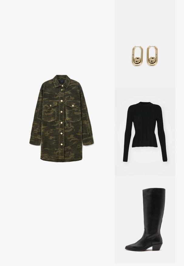 Zwarte geribbelde lange mouwen trui met een hoge halslijn en een aansluitende pasvorm. Het materiaal lijkt rekbaar met verticale lijnen. Kortere snit aan de zoom.; Langarm groen en bruin camouflage corduroy overhemdjack met een kraag, knopen aan de voorkant en twee borstzakken met klep.; Zwarte leren laars tot half op de kuit met een puntige neus en een lage schuine hak op een effen lichte achtergrond.; BOSS DOUBLE B SWING - Oorbellen - gold-coloured
