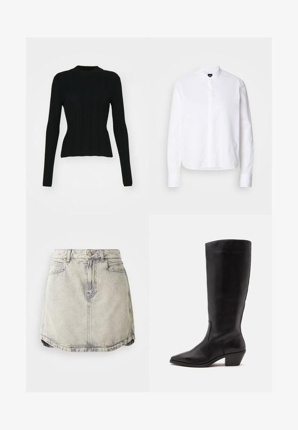 Sort ribbet langærmet sweater med høj hals og tætsiddende silhuet. Materialet ser strækbart ud med lodrette linjer. Kortere snit ved kanten.; Hvid skjorte med krave, front placket, lange ærmer og knapmanchetter. Lavet af glat bomuldsstof med en struktureret pasform.; Denim nederdel i lys grå med en falmet tekstur, der har en knappet talje, forlommer og en let buet sømdesign.; Sort læderstøvle til midtkalv med spids tå og lavt skråt hæl på en enkel lys baggrund.