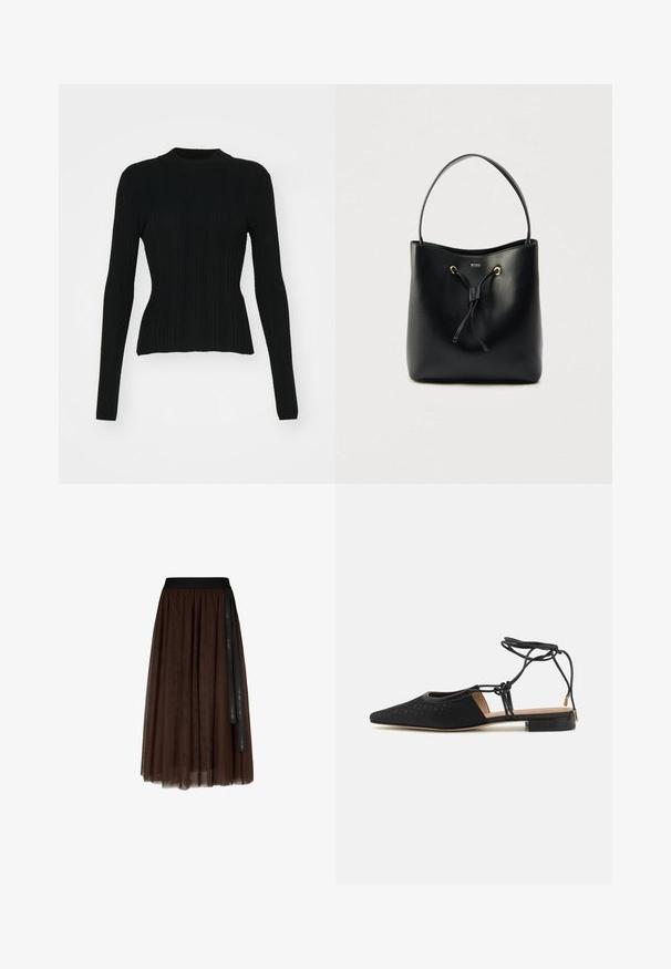 Sort ribbet langærmet sweater med høj hals og tætsiddende silhuet. Materialet ser strækbart ud med lodrette linjer. Kortere snit ved kanten.; Brun midi-længde tylskørt med sort elastisk talje og lang sort bånddetalje hængende på den ene side.; Sort fladsko med spids tå, tekstureret overdel, ankelbånd og lav blok-hæl. Har et subtilt mønster på materialet.; Sort læder bucket taske med glat tekstur, snørelukning og en enkelt skulderrem. Har guldfarvet hardware og et logo.