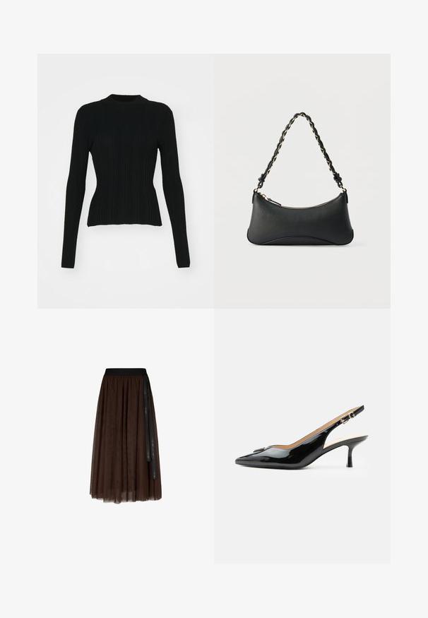 Pull noir à manches longues côtelé avec un col montant et une silhouette ajustée. Le matériau semble élastique avec des lignes verticales. Coupe plus courte au niveau de l'ourlet.; Jupe en tulle midi de couleur marron avec une taille élastique noire et un long ruban noir pendent sur un côté.; Escarpin slingback en cuir verni noir avec bout pointu, petit talon kitten et bride à boucle argentée sur fond blanc uni.; Sac à bandoulière en cuir noir de forme rectangulaire incurvée, avec une chaîne dorée tissée dans la bandoulière noire tressée et une fermeture éclair sur le dessus.