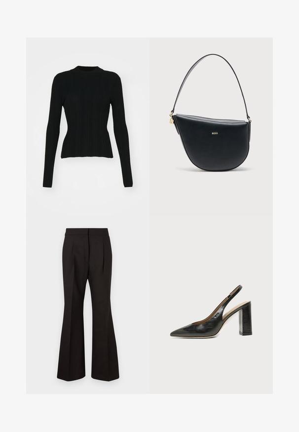Suéter negro de manga larga con canalé y cuello alto, con silueta ajustada. El material parece elástico y tiene líneas verticales. Corte más corto en el dobladillo.; Pantalones de campana negros con una textura suave, que presentan una cintura alta, bolsillos laterales y pliegues frontales para un detalle de diseño adicional.; Zapato slingback de piel negra con puntera puntiaguda, tacón alto y ancho, y forro interior beige sobre un fondo claro y liso.; Bolso de mano semicircular de cuero negro con una sola correa para el hombro y el logo dorado de BOSS centrado en el frente.