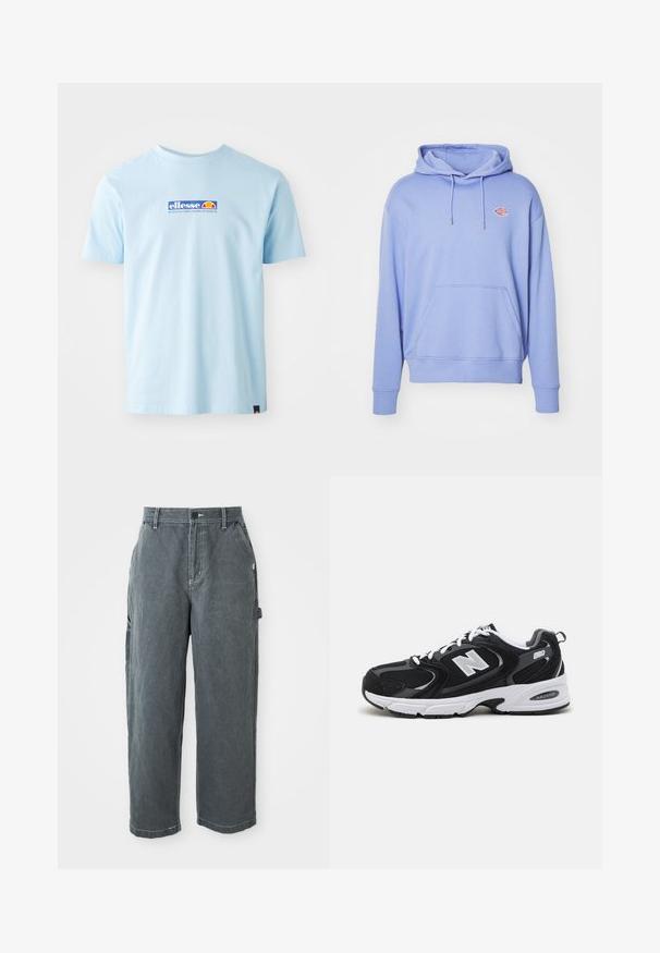Hellblaues Hoodie aus weicher Baumwolle. Verfügt über eine Kängurutasche, verstellbare Kordeln und ein kleines Logo auf der Brust.; Helles blaues Baumwoll-T-Shirt mit kurzen Ärmeln und Rundhalsausschnitt. Verfügt über ein mehrfarbiges Logo auf der Vorderseite und ein kleines Akzent-Tag am Saum.; Dunkelgraue gerade Arbeitshosen mit Gürtelschlaufen, vorderem Knopf und Reißverschluss, Seitentaschen und einer Hammer-Schlaufe am rechten Bein.; Schwarze und graue Sportschuhe mit Obermaterial aus Mesh und Wildleder, ausgestattet mit einer weißen Zwischensohle, Schnürsenkeln und einem markanten "N"-Logo an der Seite.