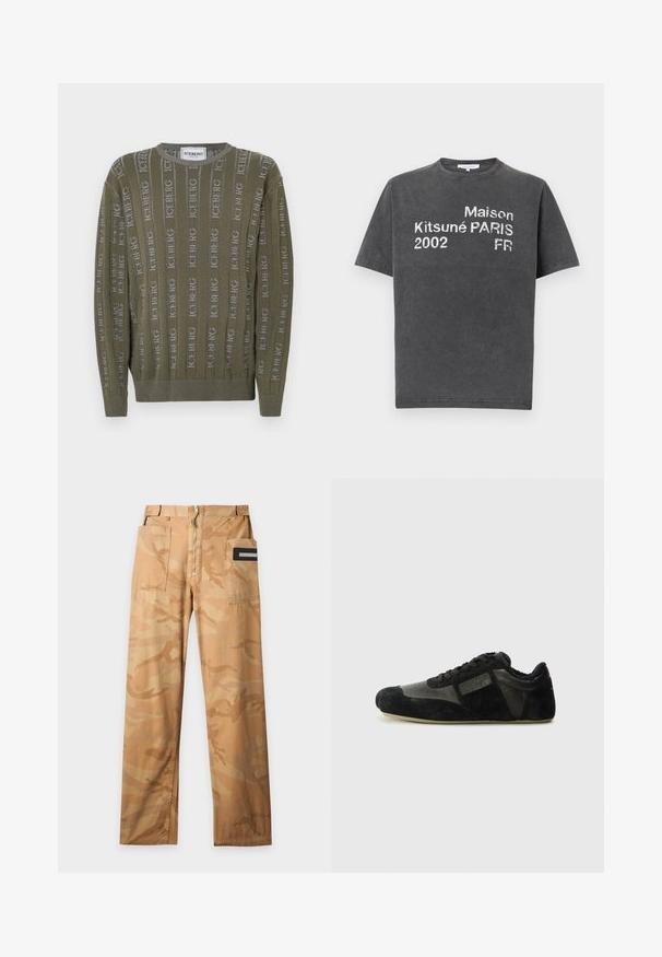 Pull vert olive avec un design à côtes verticales, orné du logo "ICEBERG" répété, col ras du cou et finitions côtelées aux poignets et à l'ourlet.; T-shirt à manches courtes gris charbon avec texte imprimé blanc : "Maison Kitsuné PARIS 2002 FR" sur le devant, col rond, style décontracté.; Pantalon cargo camouflage beige et sable avec deux grandes poches avant et une fermeture éclair à l'avant sur un fond uni.; Baskets noires en suède et cuir. Présentent un profile bas, un bout arrondi, un design à lacets et des accents texturés. Les semelles ont une texture antidérapante.