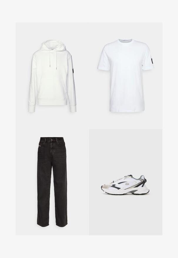 Hoodie blanc en tissu doux, avec une poche kangourou, des cordons de serrage ajustables et des poignets côtelés. Accent logo noir sur la manche.; T-shirt blanc à manches courtes avec un petit patch noir sur la manche gauche, présenté sur un fond clair uni.; Pantalons en denim noir à jambes larges avec taille haute, fermeture à bouton à l'avant, deux poches latérales et détails de coutures subtils.; Chaussure de sport blanche avec des accents argent et noir, tige en mesh, semelle texturée et un design épuré avec un logo sur le côté.