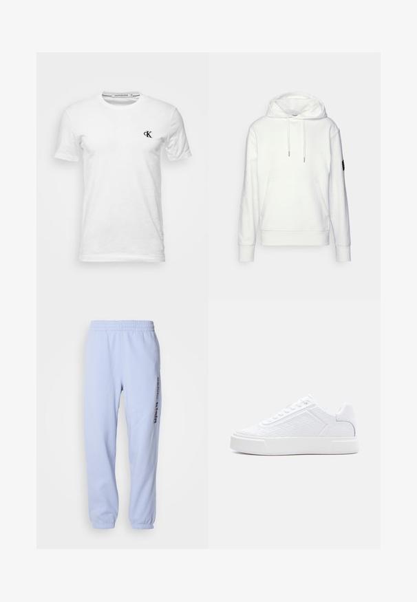 Hvid hættetrøje lavet af blødt stof, med en kængurulomme, justerbare snore og ribbede manchetter. Sort logo-detalje på ærmet.; Hvid T-shirt med korte ærmer og rund hals med lille sort "CK"-logo på venstre bryst, mærke Calvin Klein Jeans, størrelse medium.; Lysblå sweatpants lavet af blødt stof, med elastisk talje, ribbede manchetter og et logo trykt i mørkeblå på siden.; Hvid lav sneaker med præget geometrisk mønster, snørelukning og tyk sål, vist i profil mod en hvid baggrund.