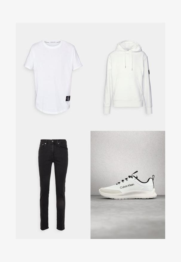 Hvid hættetrøje lavet af blødt stof, med en kængurulomme, justerbare snore og ribbede manchetter. Sort logo-detalje på ærmet.; Hvid bomulds T-shirt med rullede korte ærmer, afrundet kant og et sort logo-tag med "CK" i nederste venstre hjørne.; Slim-fit sorte denimjeans med forlommer, bæltestropper og knaplukning vist mod en ensfarvet, lys baggrund.; Hvid og sort Calvin Klein-sneaker med sorte snørebånd, der svæver over et gråt gulv nær glasblokvinduer.