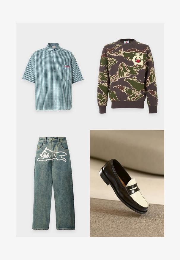 Pull en maille camouflage marron, vert et crème avec un col rond et un logo cerise rouge sur le devant.; Chemise à manches courtes en vichy vert et blanc. Elle possède un devant à boutons, un col et une poche poitrine avec broderie rouge.; Jean en denim bleu clair à coupe ample, avec un grand graphisme d'un chat blanc sur la jambe gauche et un design classique à cinq poches.; Mocassin en cuir noir avec un empeigne crème et des rayures noires, présentant un petit talon et des coutures détaillées le long des bords.