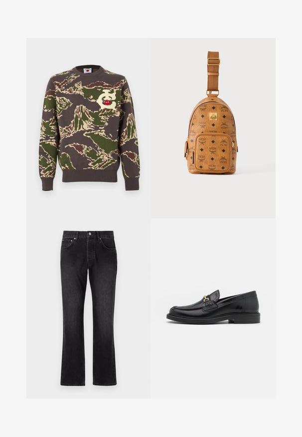 Brun, grøn og creme camouflage-strikket sweater med rund halsudskæring og et rødt kirsebærlogo på forsiden.; Sorte denim jeans med et lige ben-design, der har en mellemhøj talje, forlommer og en klassisk knaplukning.; Sorte læder loafers med en rund tå, der har guld hardware accent og syningsdetaljer, placeret på en lav, tekstureret gummisål.; Lille tan farvet læder crossbody taske med justerbar rem, front lynlåslomme og gentagende sort MCM-logo mønster.