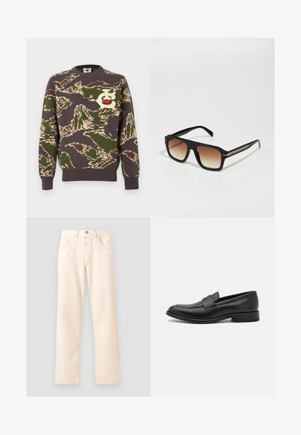 Brauner, grüner und cremefarbener Strickpullover mit Tarnmuster, rundem Halsausschnitt und einem roten Kirsch-Logo auf der Vorderseite.; Helle beige Denim-Jeans mit geradem Bein, fünf Taschen und einer Knopfverschluss vorne. Nähte sichtbar entlang der Nähte.; Schwarze Lederloafer mit glatter Oberfläche, einem dekorativen Riemen über dem Obermaterial, runder Zehenpartie und einem niedrigen, gestapelten Absatz.; Schwarze rechteckige Sonnenbrille mit verlaufenden braunen Gläsern. Glänzendes Gestell, subtile goldene Akzente an den Bügeln und strukturierte Enden der Bügel.